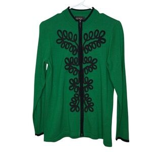 Bob Mackie Wearable Art Green & Black Embroidered Zippered Sweater Small